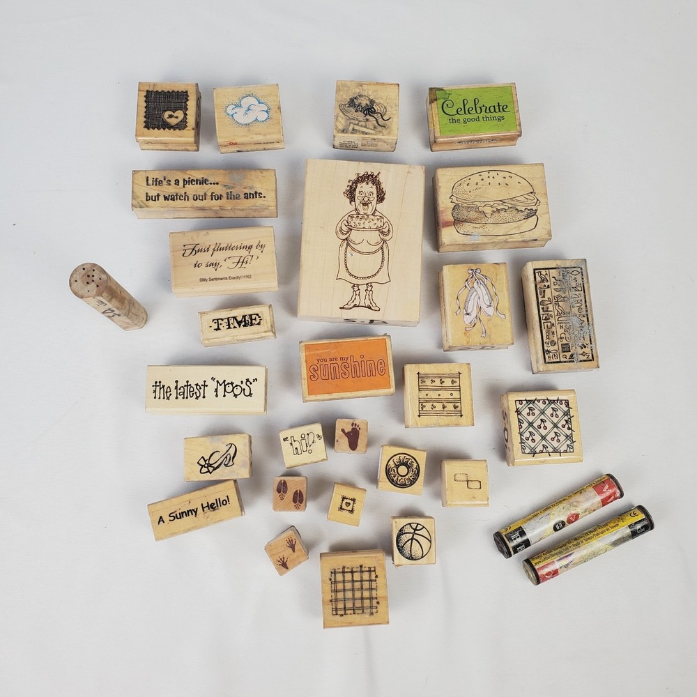 Mixed Lot of 29 Vtg Wooden Rubber Stamps Kitschy, Phrases, Random, Egypt
